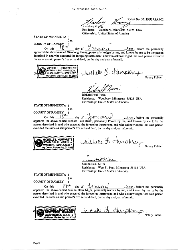 Document de brevet canadien 2387482. Cession 20020415. Image 5 de 5