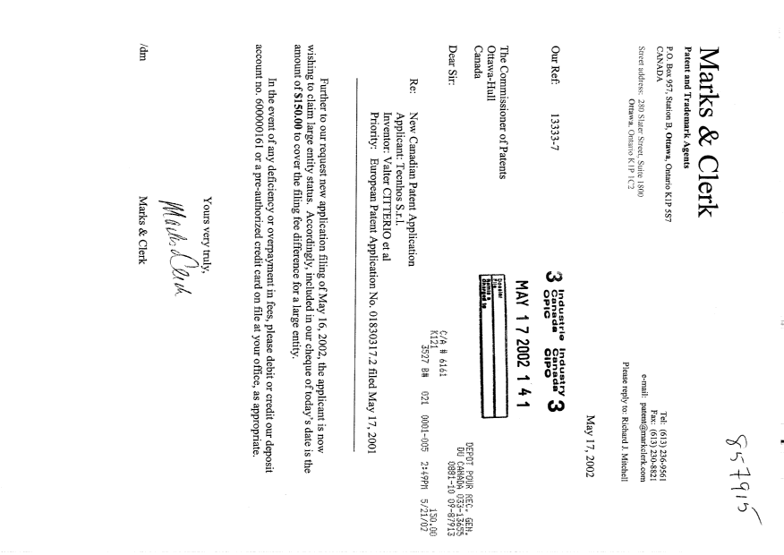 Document de brevet canadien 2387704. Cession 20020517. Image 1 de 4