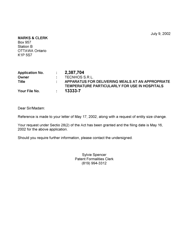 Document de brevet canadien 2387704. Correspondance 20020705. Image 1 de 1