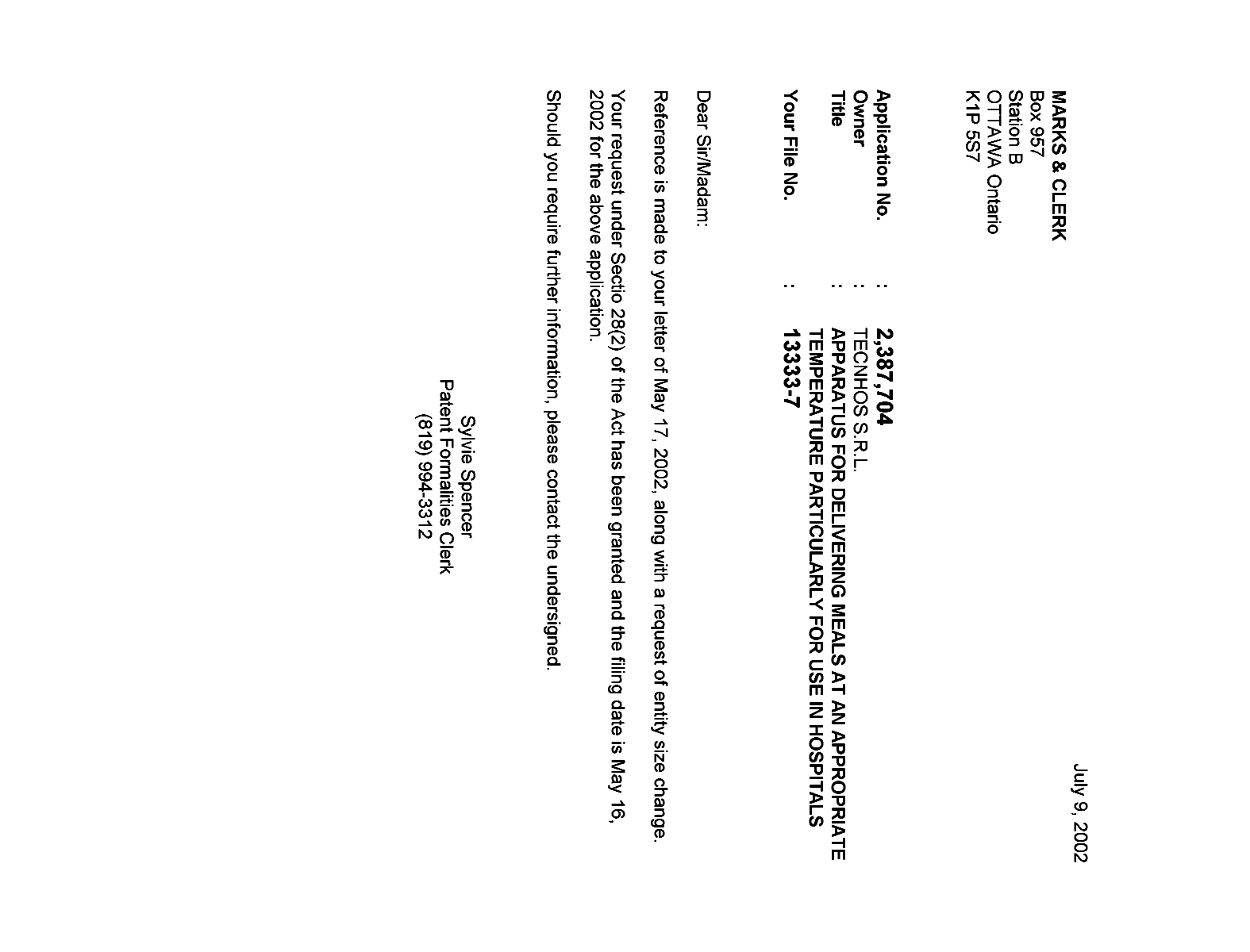 Canadian Patent Document 2387704. Correspondence 20020705. Image 1 of 1