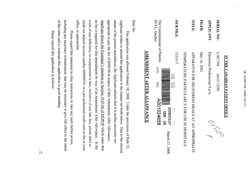 Document de brevet canadien 2387704. Poursuite-Amendment 20080327. Image 1 de 3