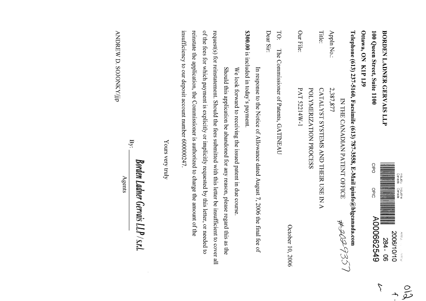 Canadian Patent Document 2387877. Correspondence 20061010. Image 1 of 1