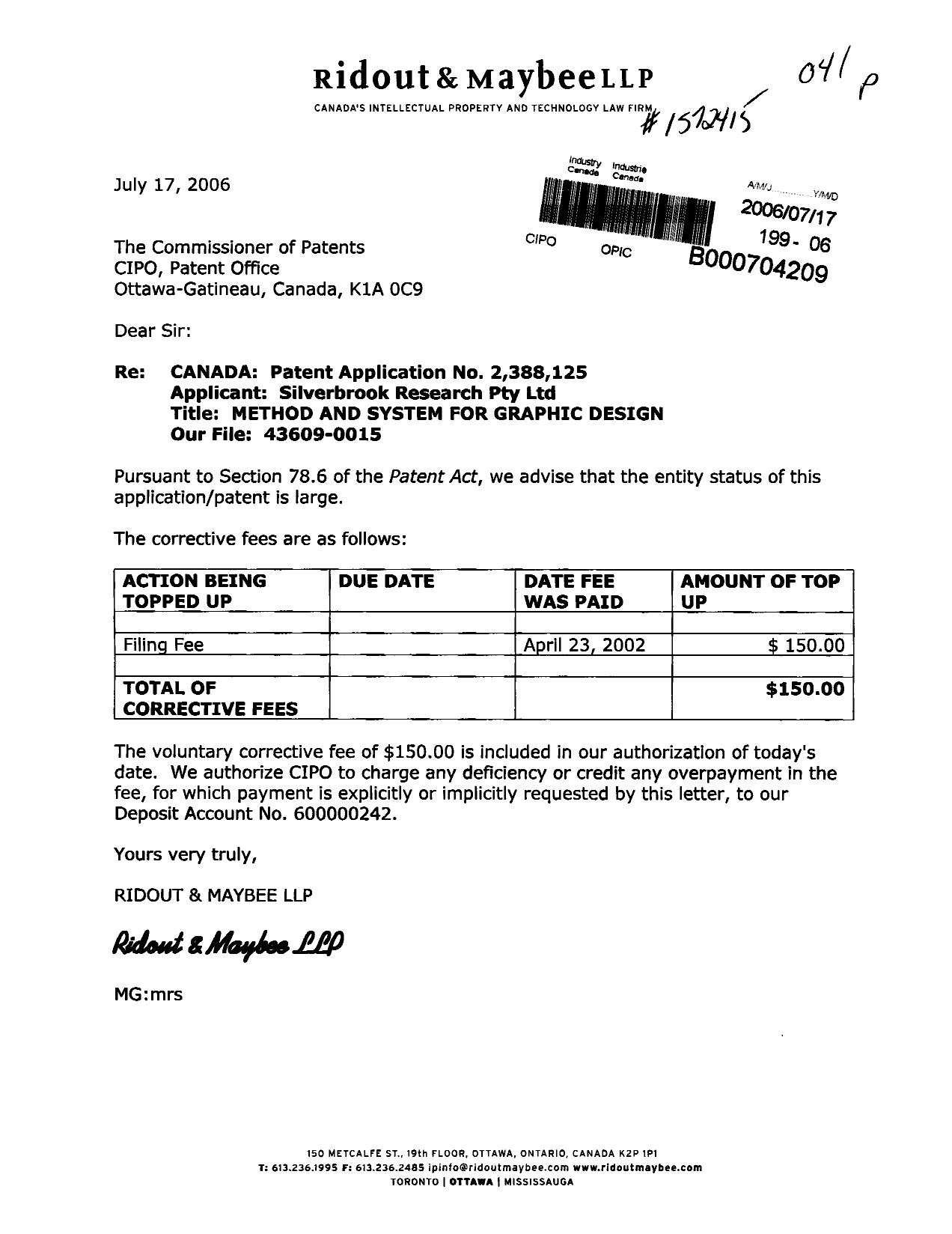 Document de brevet canadien 2388125. Poursuite-Amendment 20060717. Image 1 de 1
