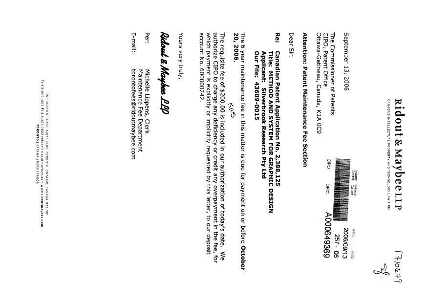 Document de brevet canadien 2388125. Taxes 20060913. Image 1 de 1