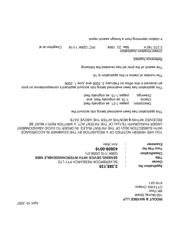 Canadian Patent Document 2388135. Prosecution-Amendment 20070410. Image 1 of 3