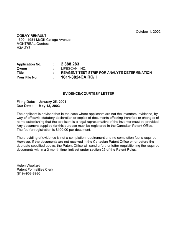 Document de brevet canadien 2388283. Correspondance 20020926. Image 1 de 1