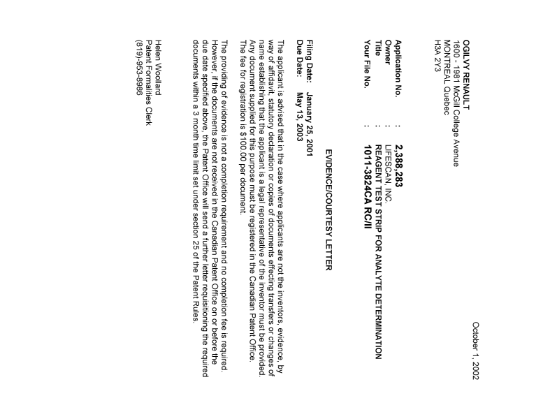 Document de brevet canadien 2388283. Correspondance 20020926. Image 1 de 1