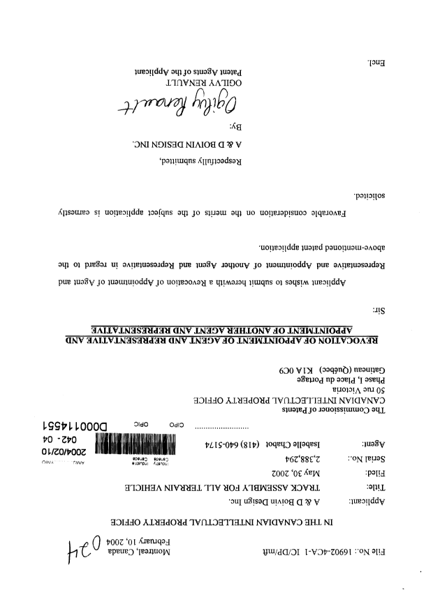 Document de brevet canadien 2388294. Correspondance 20031210. Image 1 de 2