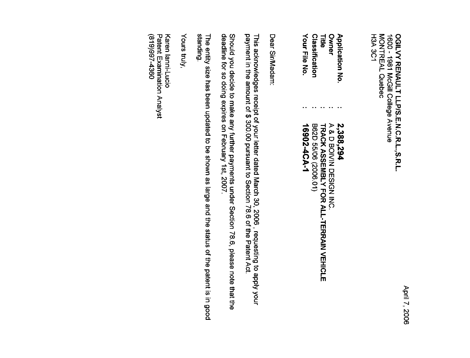 Document de brevet canadien 2388294. Correspondance 20051207. Image 1 de 1