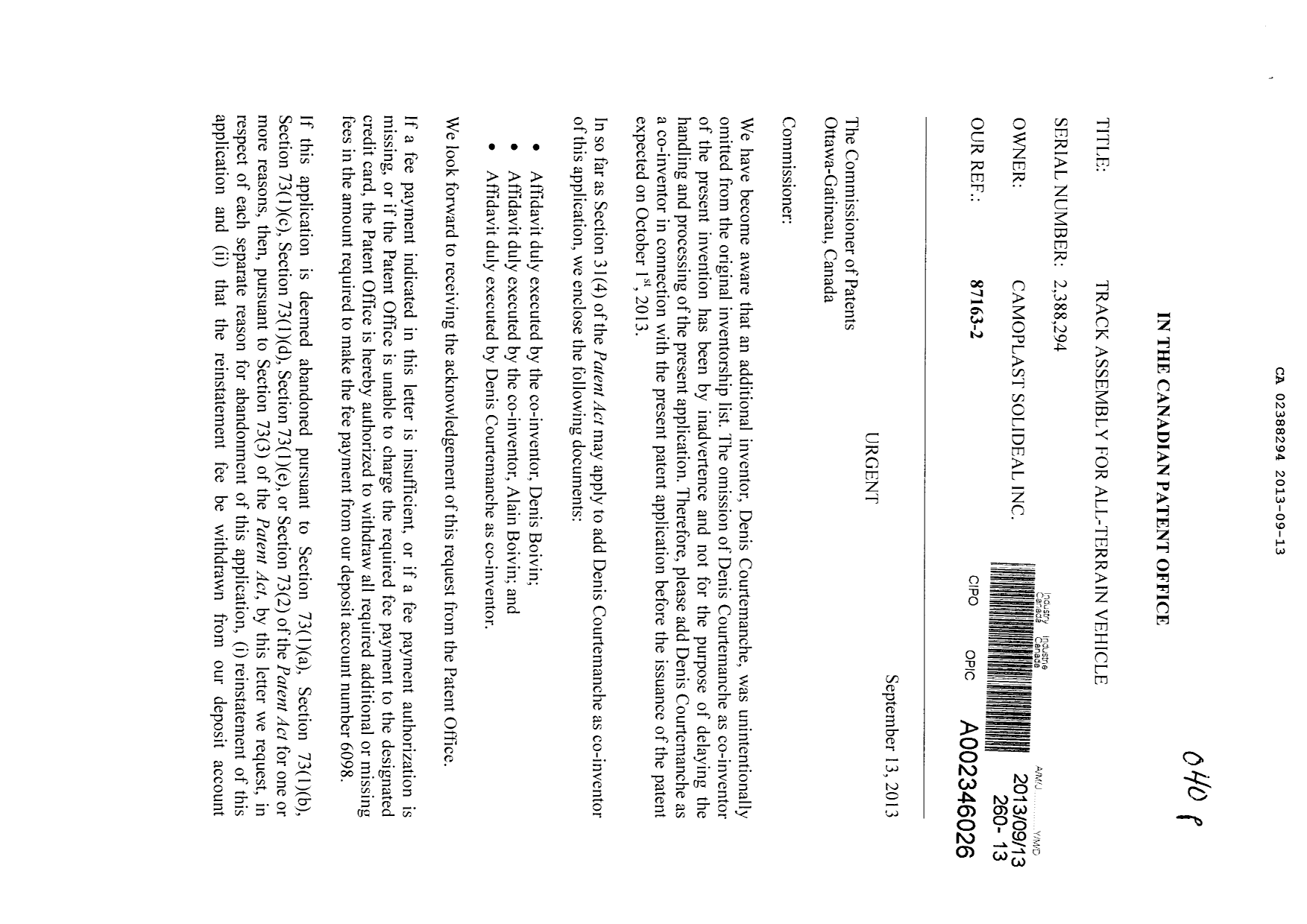 Document de brevet canadien 2388294. Correspondance 20121213. Image 1 de 8