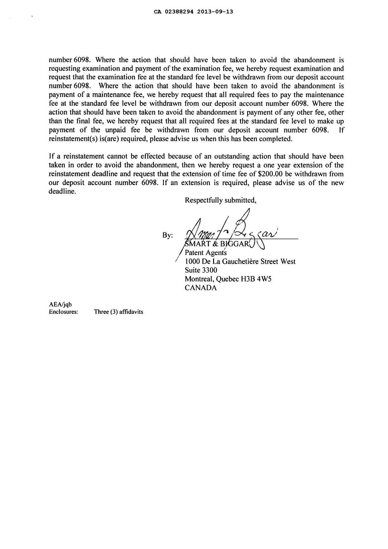 Document de brevet canadien 2388294. Correspondance 20121213. Image 2 de 8