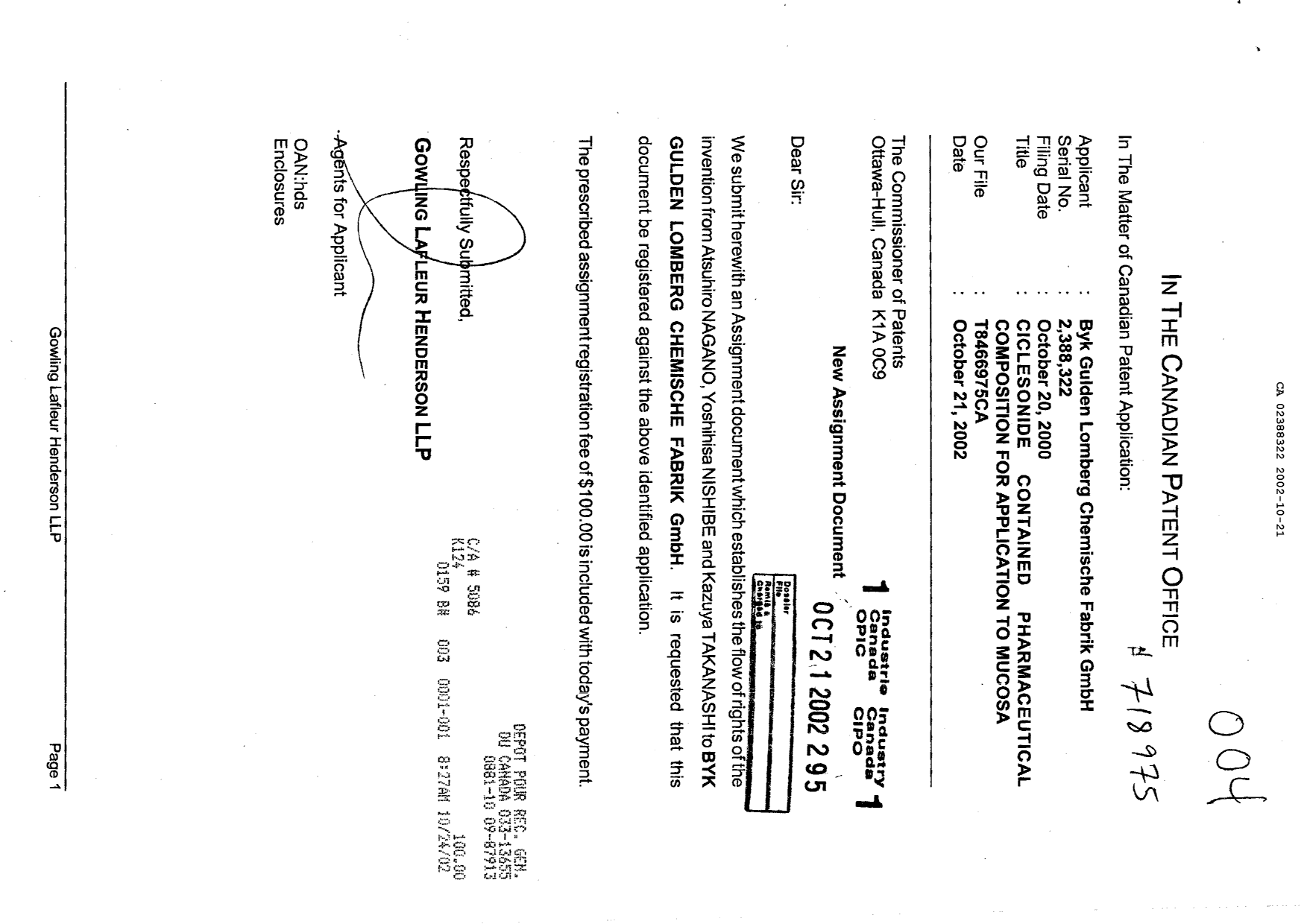 Canadian Patent Document 2388322. Assignment 20021021. Image 1 of 2