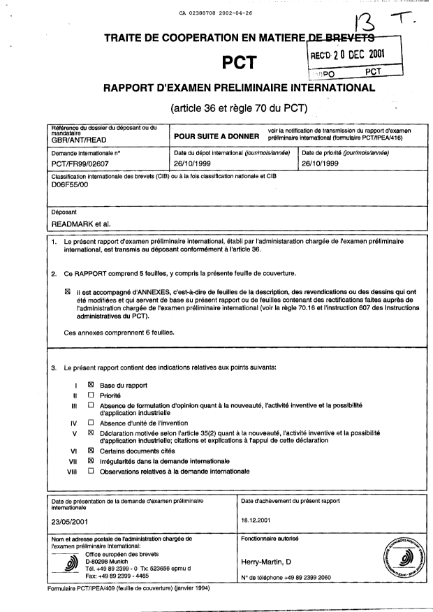 Document de brevet canadien 2388708. PCT 20020426. Image 1 de 5