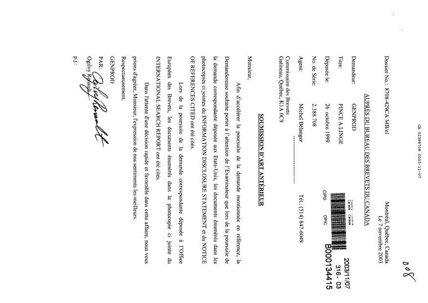 Canadian Patent Document 2388708. Prosecution-Amendment 20031107. Image 1 of 1