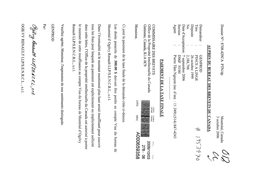 Canadian Patent Document 2388708. Correspondence 20061003. Image 1 of 1