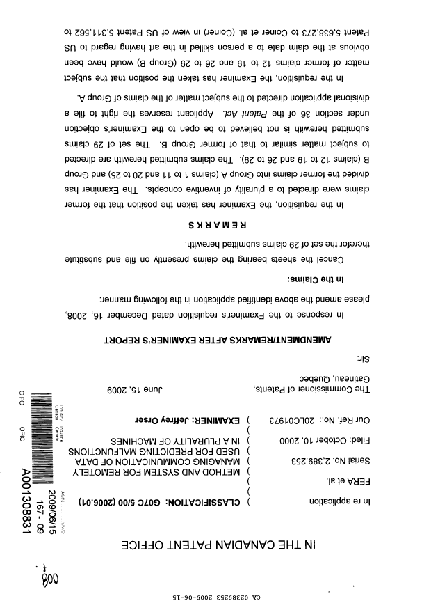 Canadian Patent Document 2389253. Prosecution-Amendment 20090615. Image 1 of 10