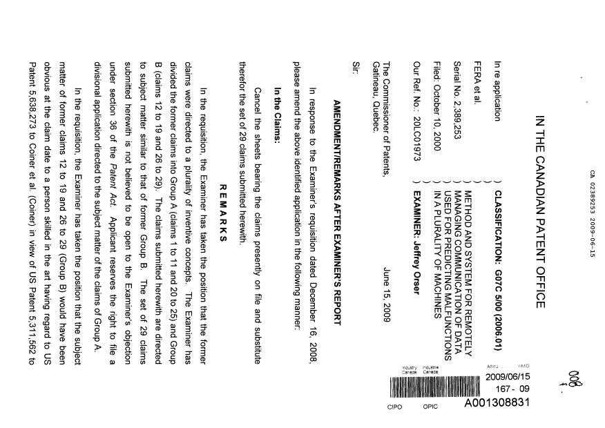 Document de brevet canadien 2389253. Poursuite-Amendment 20090615. Image 1 de 10