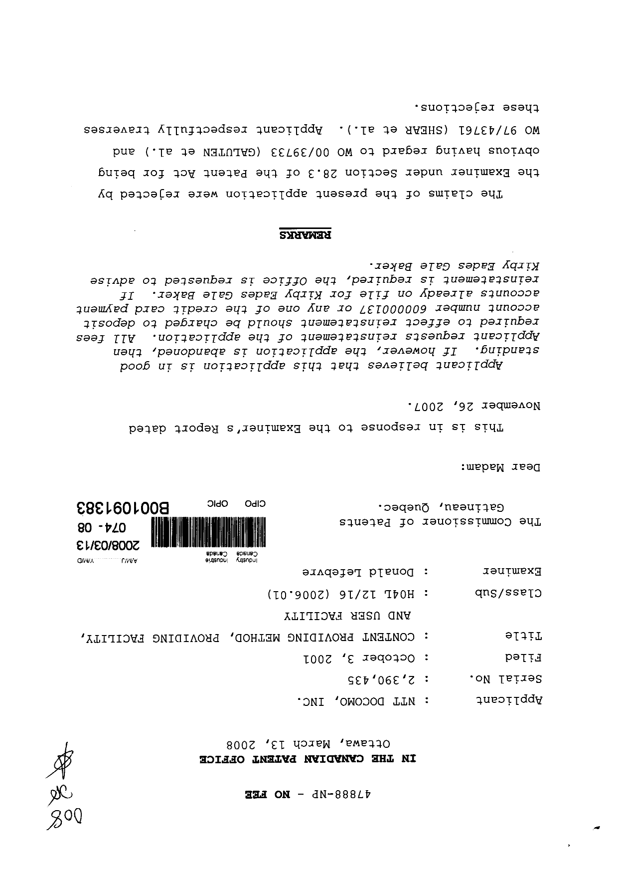 Canadian Patent Document 2390435. Prosecution-Amendment 20071213. Image 1 of 5
