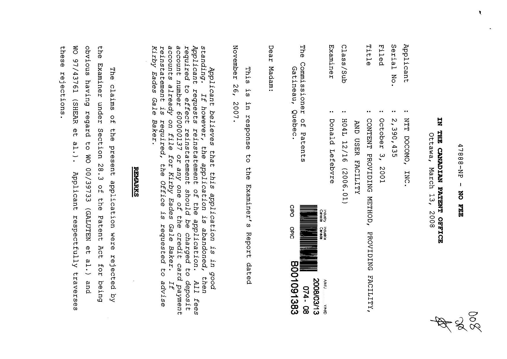 Document de brevet canadien 2390435. Poursuite-Amendment 20071213. Image 1 de 5
