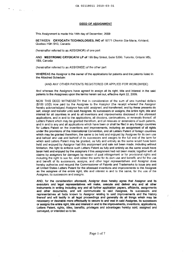 Document de brevet canadien 2390852. Cession 20100331. Image 2 de 8