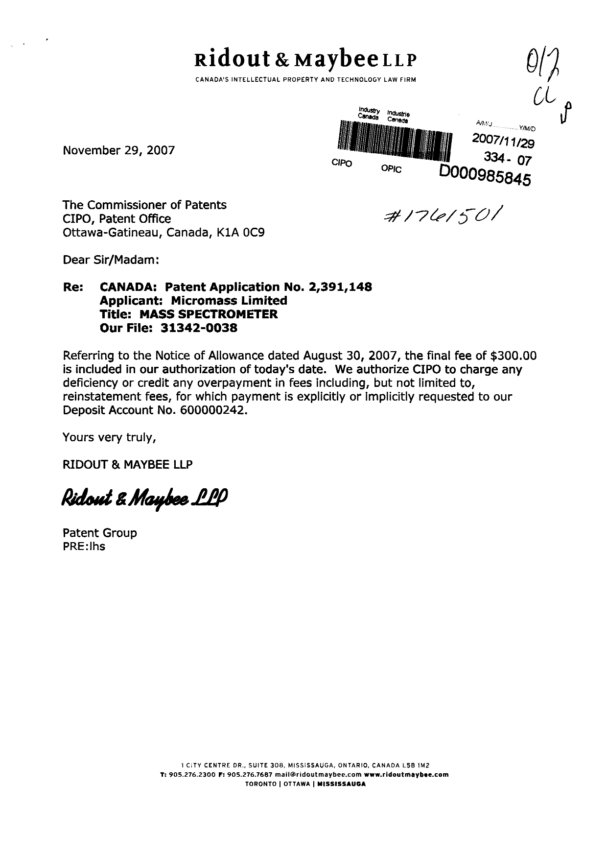 Document de brevet canadien 2391148. Correspondance 20071129. Image 1 de 1