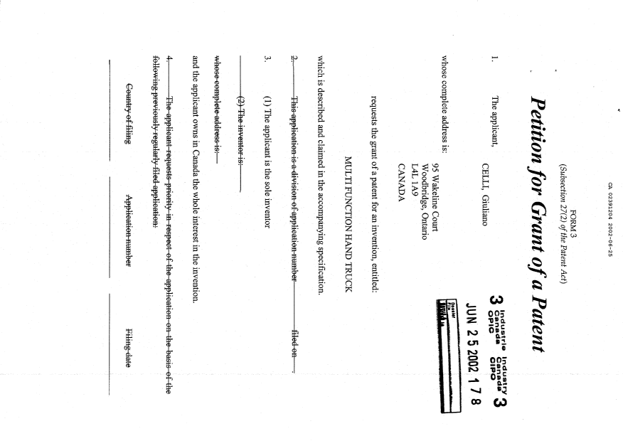 Document de brevet canadien 2391204. Cession 20020625. Image 2 de 3
