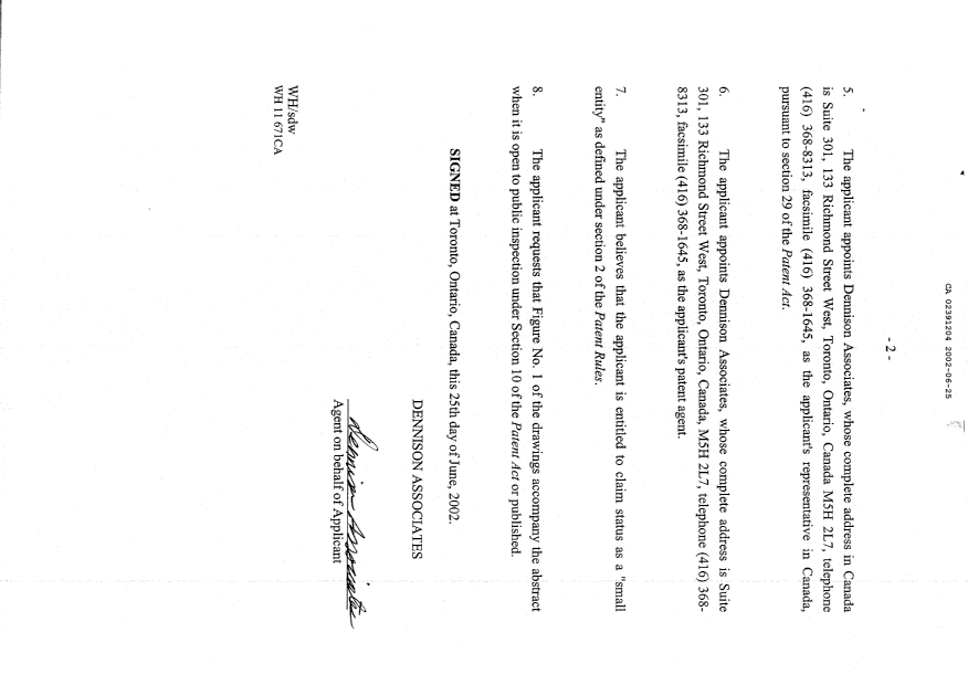 Document de brevet canadien 2391204. Cession 20020625. Image 3 de 3