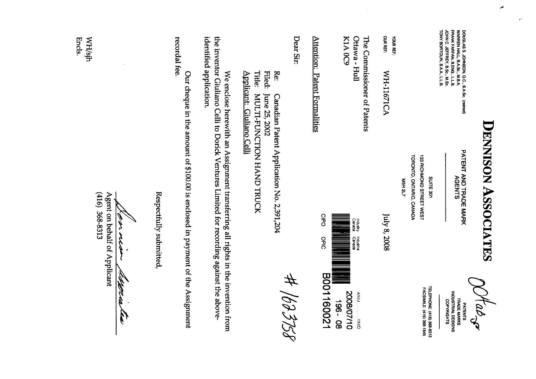 Document de brevet canadien 2391204. Cession 20080710. Image 1 de 3