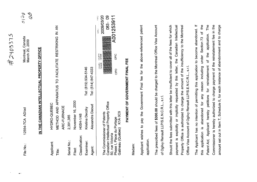 Document de brevet canadien 2391385. Correspondance 20081220. Image 1 de 2