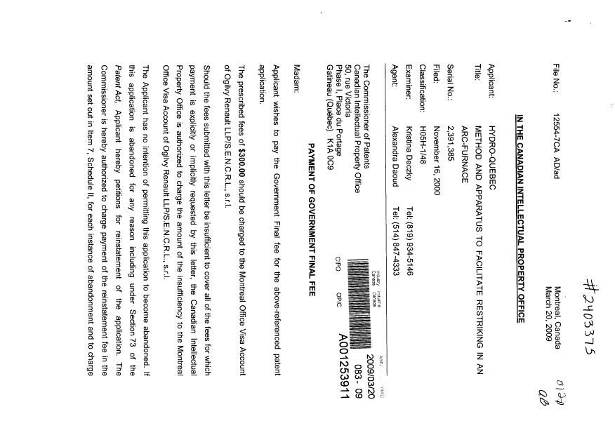 Canadian Patent Document 2391385. Correspondence 20081220. Image 1 of 2