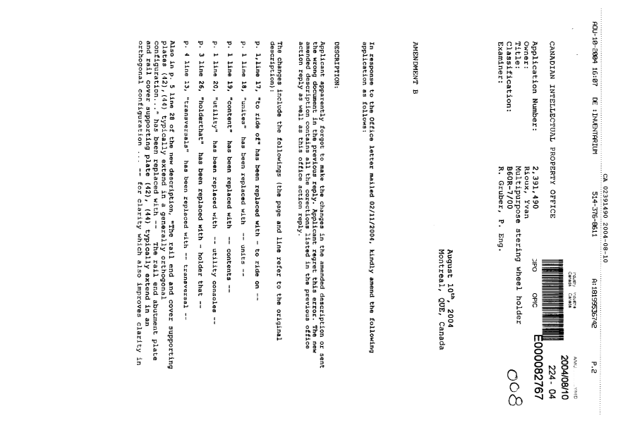 Canadian Patent Document 2391490. Prosecution-Amendment 20040810. Image 1 of 12