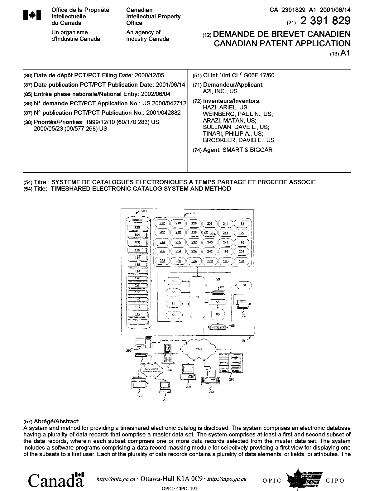 Canadian Patent Document 2391829. Cover Page 20021104. Image 1 of 2