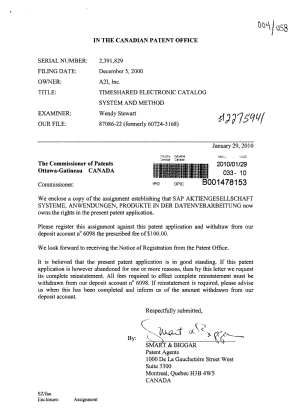 Document de brevet canadien 2391829. Correspondance 20100129. Image 1 de 1