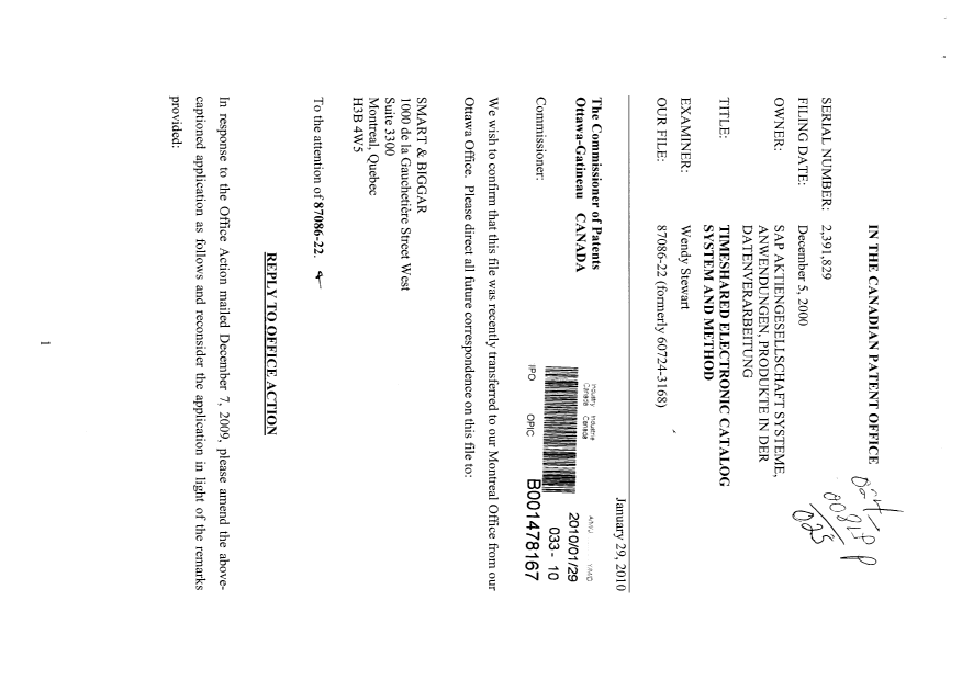 Document de brevet canadien 2391829. Cession 20100129. Image 1 de 9