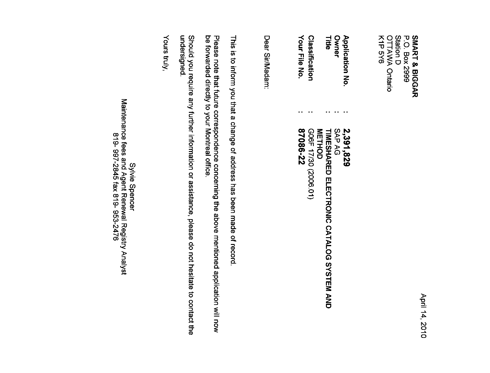 Canadian Patent Document 2391829. Correspondence 20100414. Image 1 of 1