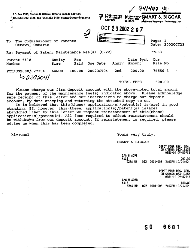 Document de brevet canadien 2392041. Taxes 20021023. Image 1 de 2