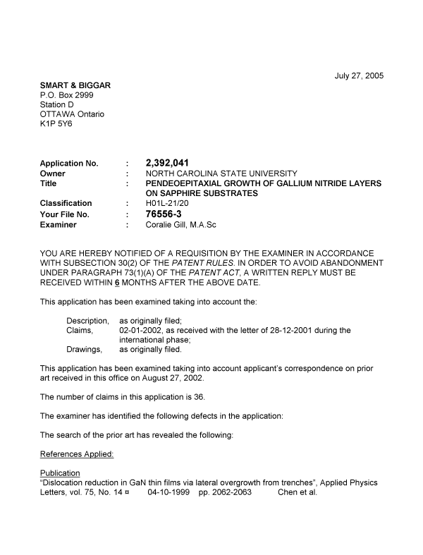 Document de brevet canadien 2392041. Poursuite-Amendment 20050727. Image 1 de 3