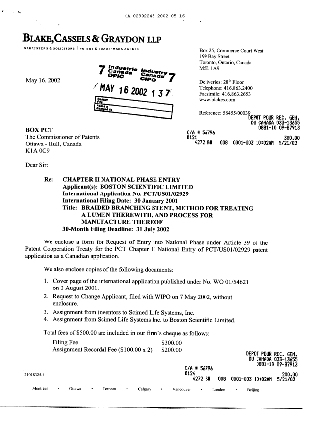 Document de brevet canadien 2392245. Cession 20020516. Image 1 de 11