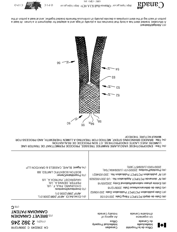 Document de brevet canadien 2392245. Page couverture 20081126. Image 1 de 2