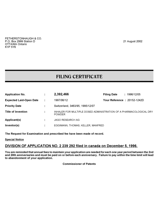 Document de brevet canadien 2392466. Correspondance 20020821. Image 1 de 1