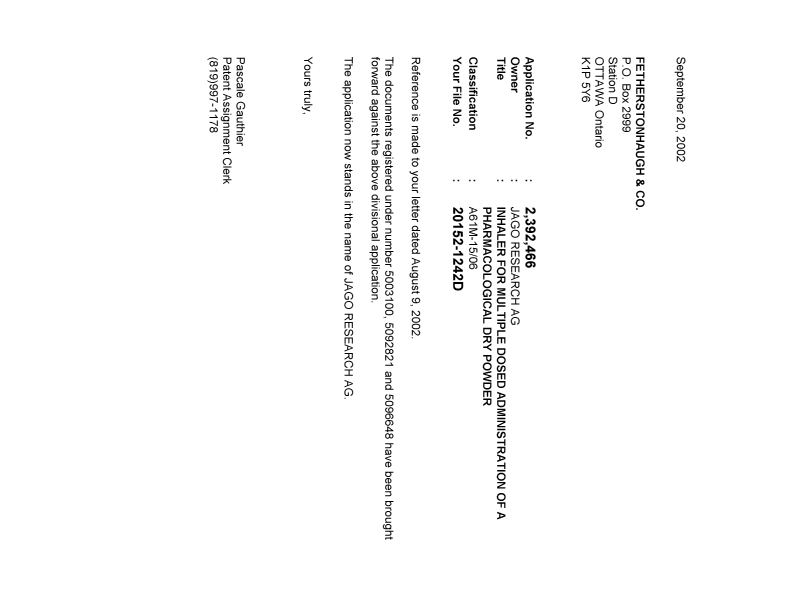 Canadian Patent Document 2392466. Correspondence 20020920. Image 1 of 1