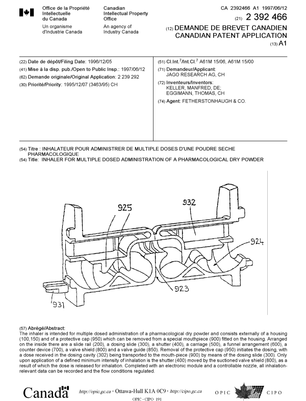 Document de brevet canadien 2392466. Page couverture 20020927. Image 1 de 1