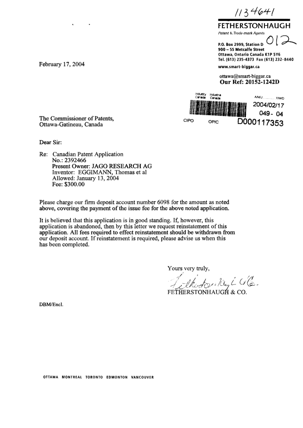 Document de brevet canadien 2392466. Correspondance 20040217. Image 1 de 1