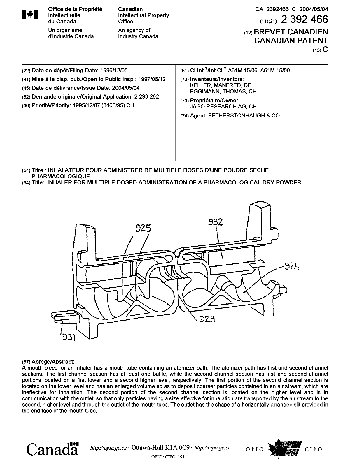 Canadian Patent Document 2392466. Cover Page 20040405. Image 1 of 1