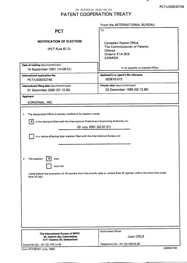 Document de brevet canadien 2393116. PCT 20020529. Image 1 de 3