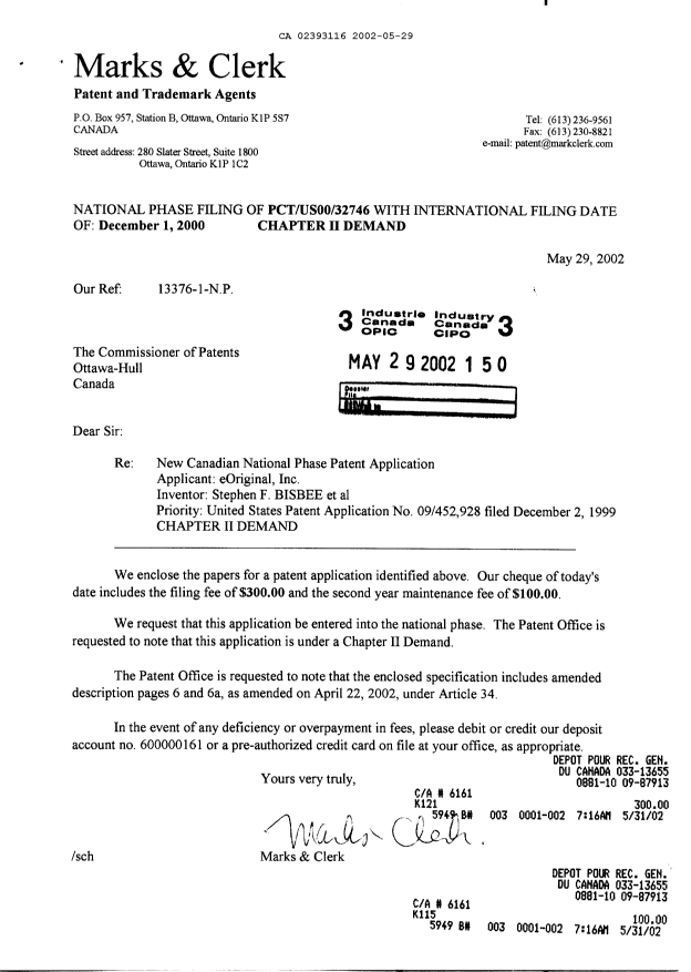 Document de brevet canadien 2393116. Cession 20020529. Image 1 de 2