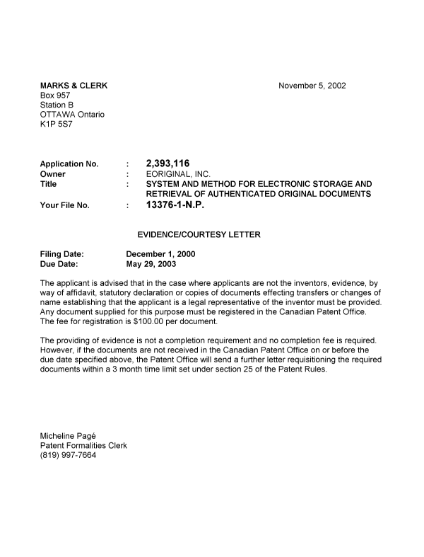 Document de brevet canadien 2393116. Correspondance 20021030. Image 1 de 1