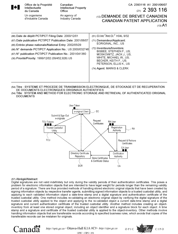 Document de brevet canadien 2393116. Page couverture 20021104. Image 1 de 1