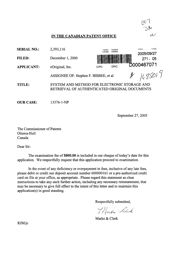 Canadian Patent Document 2393116. Prosecution-Amendment 20050927. Image 1 of 1