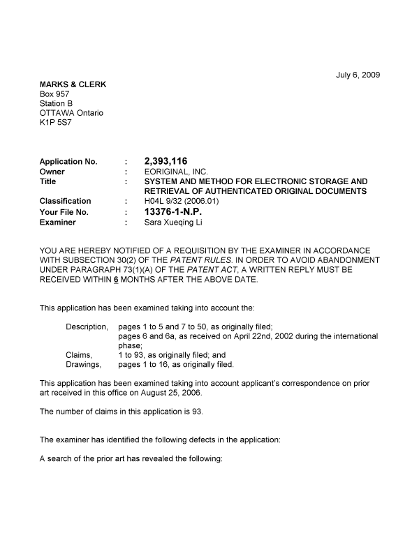 Document de brevet canadien 2393116. Poursuite-Amendment 20090706. Image 1 de 4